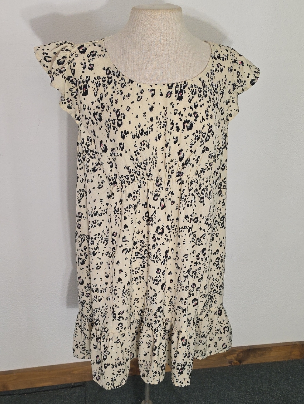 Umgee Dress Cream Leopard-Print Flutter-Cap Sleeve Dress Cream Size L - Picture 8 of 16